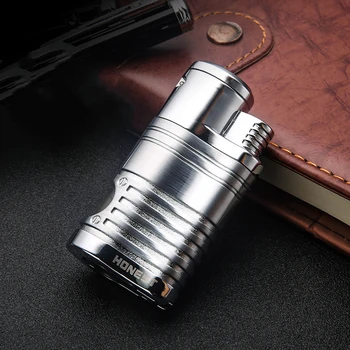 

2020 Plating Metal 4 Nozzles Jet Butane Pipe Cigar Lighter Visible Gas Window Torch Turbo Windproof Lighter Gadgets For Men