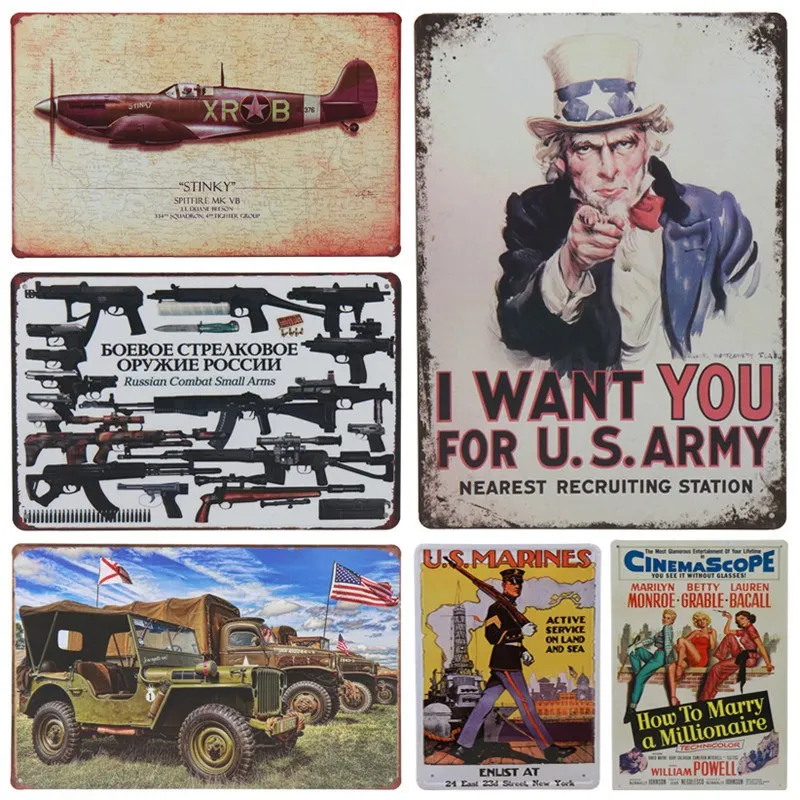 

30X20cm Airplane Pin Up US Army Tin Sign Hotel Pub Bar Mural Iron Rust Painting Poster Plaque Metal Vintage Art Tintin H26