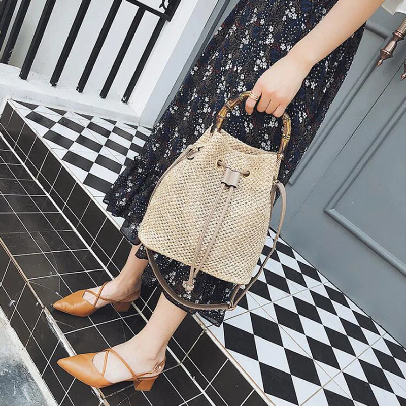 Women Drawstring Straw Bucket Bag Female Summer Handmade Woven Shoulder Messenger Bags Ladies Shopping Purse Beach Bags Handbags