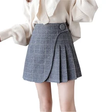 Женские юбки, зима, высокая талия, не светильник, плиссированная тонкая юбка, осенняя повседневная сексуальная OL стильная шерстяная клетчатая мини-юбка А-силуэта