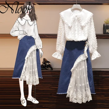

Plus Size 2020 Women 2 Pieces Set Korean Style Women's Outfit Lace Blouse & Embroidery Stars Skirt Set Spring Women's Suit