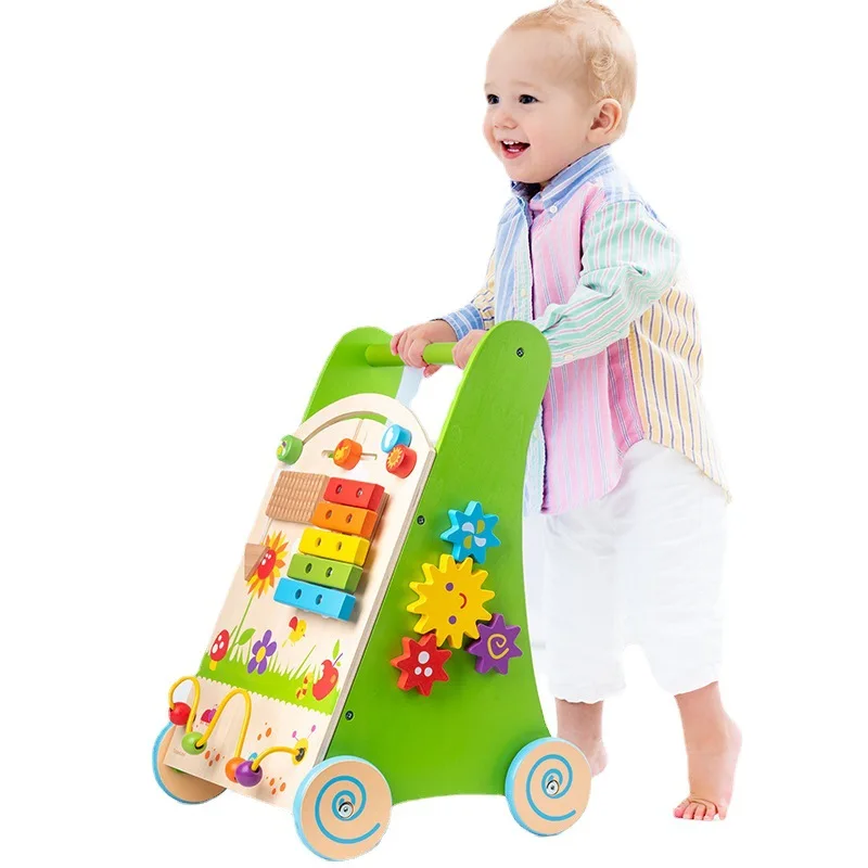 Carrito de madera multifuncional para niños, andador para aprender a