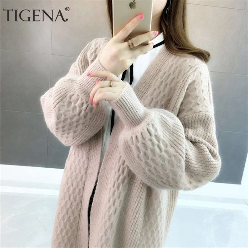 

TIGENA Loose Long Cardigan Women 2019 Autumn Winter Long Sleeve Sweater Cardigan Female Casual Yellow Green Knitted Jacket Women