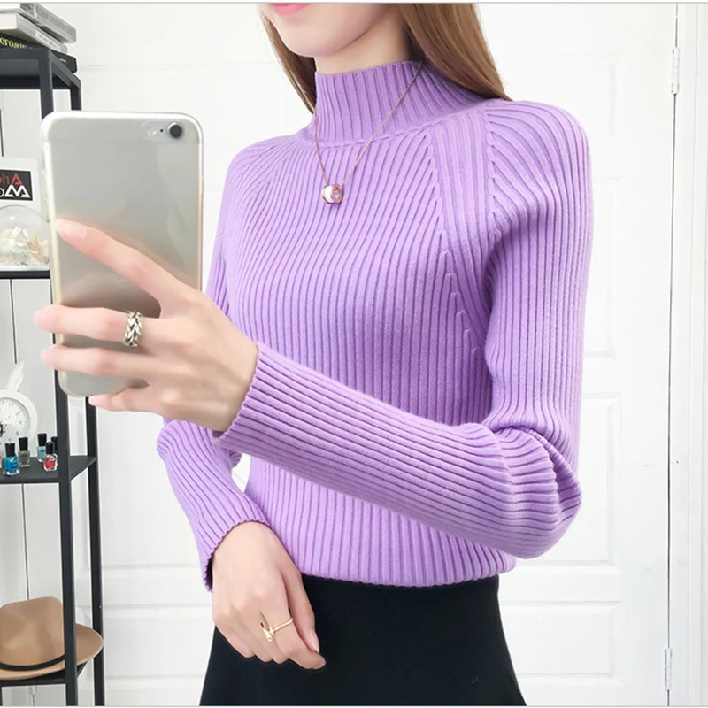 

Purple Sweater Pullover Women 2019 Autumn Turtleneck Thin Fall knitted Warm Winter New Tight Fitting Sweaters Base Slim