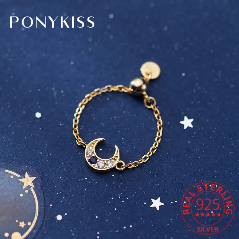 PONYKISS 100% 925 Sterling Silver Zircon Moon Delicate Resizable Chain Opening Ring Fashion Romantic Women Accessory Lovely Gift | Украшения