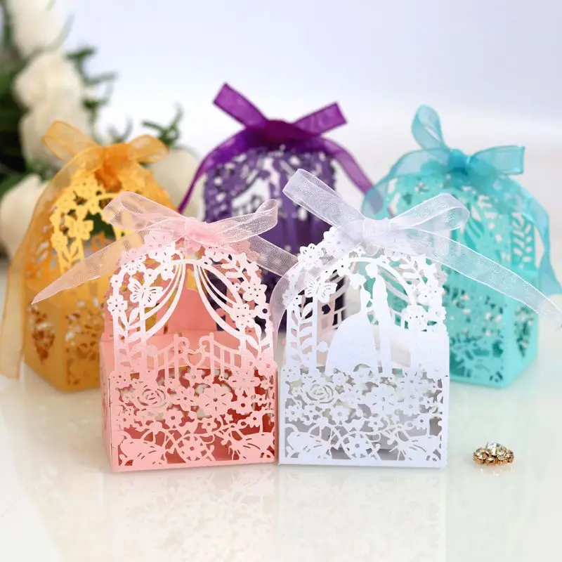 

25pcs/set Butterfly Flower Laser Cut Hollow Favors Gifts Candy Box with Ribbon Baby Shower Wedding Party Supplies