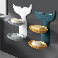 Double soap dish Fish Shape Double Layers Bathroom Shower Soap Container Dish Box Self Adhesive Bathroom Sucker Wall Draining Sh
