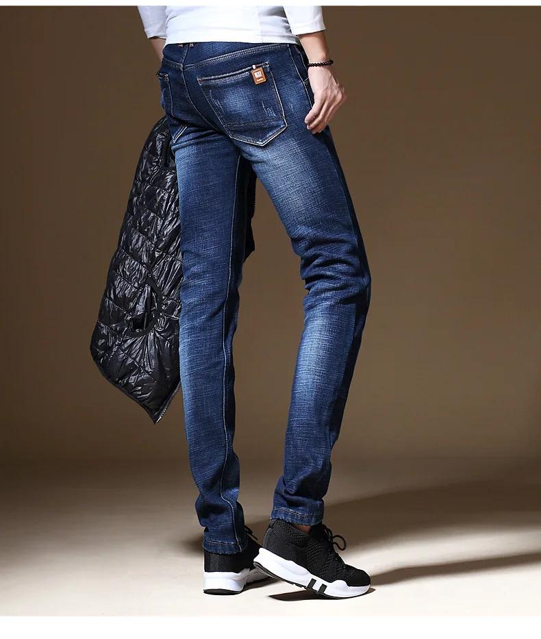 Winter Thermal Warm Stretch Jeans Mens Winter Quality Famous Brand Fleece Pants Men Straight Flocking Trousers Jeans Male