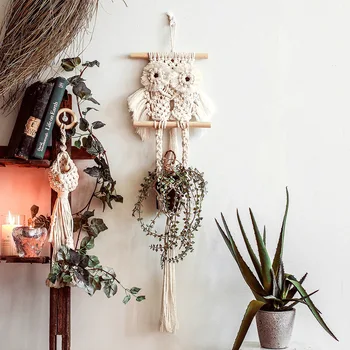 

Creative owl woven mesh pocket living room pendant background wall hanging gardening flowerpot hanging basket
