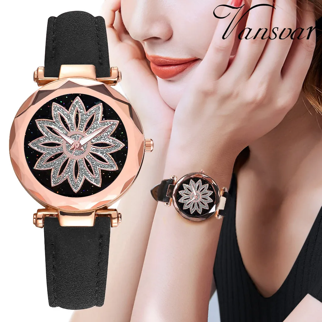 

Vansvar Sleek Minimalist Flower Rotating Dial Belt Ladies Quartz Watch Gift