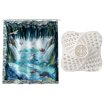 

1 Set 180X180Cm Dolphin Print Durable Bath Curtain & 1 Pcs Floor Drain Cover with Suction Cup Sewer Hair Filter
