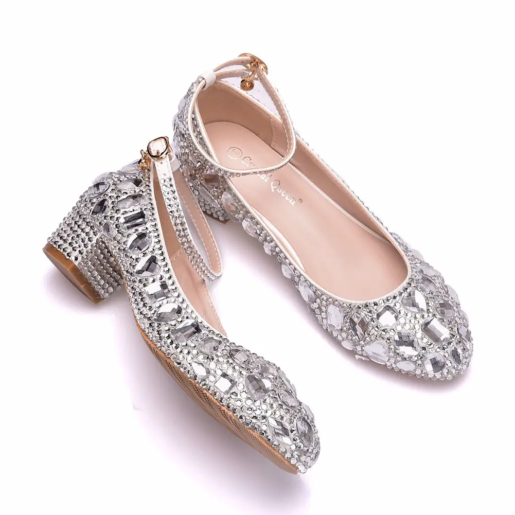Обувь с украшением в виде кристаллов; женская обувь Золушки на каблуке; вечерние блестящие туфли с круглым носком; стразы на заказ; свадебные туфли-лодочки; Размер 9