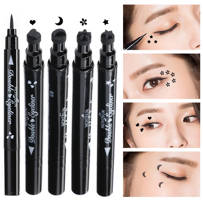 2 in 1 Heart FlowersMoon Star Shapes Face Stamps Makeup Double-sided Liquid Stamp Eyeliner Pen Black Waterproof |