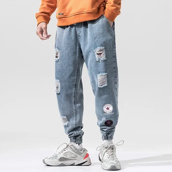 

Plus-Size Jeans Leisure Printing Long Pants Trendy Fashionable Black Blue All-Match Men's Trousers