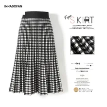 INNASOFAN теплая трикотажная юбка Женская осенне-зимняя клетчатая юбка с высокой талией модная Высококачественная шикарная плиссированная юбка