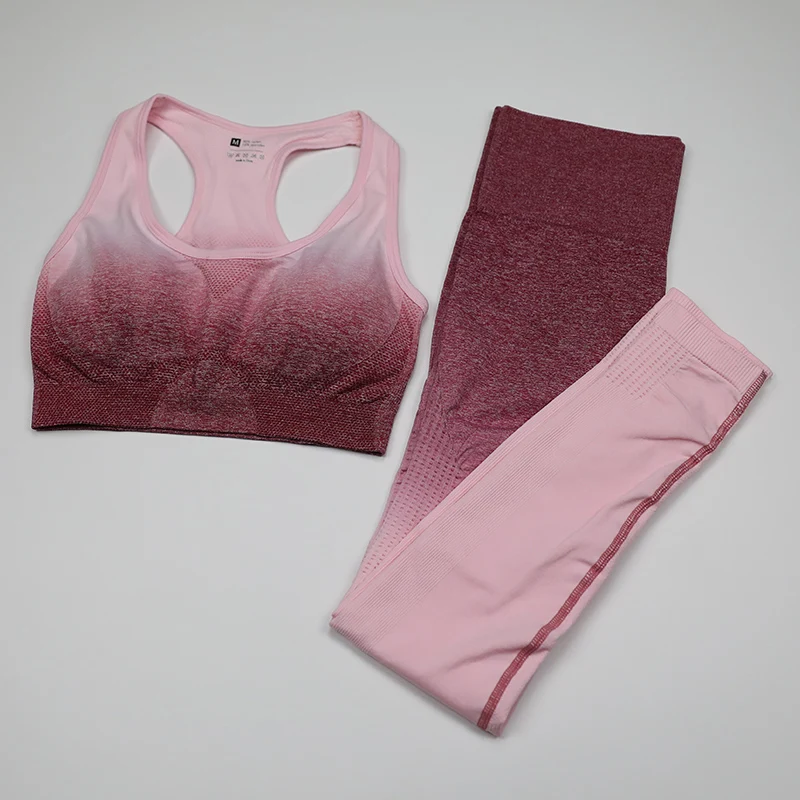 rose red bra set Комплект из 3 предметов для йоги, женский укороченный Топ с длинным рукавом, спортивный бюстгальтер для фитнеса, спортивные Леггинсы с высокой талией, одежда для спортзала, бесшовный спортивный костюм с эффектом омбре - Цвет: rose red bra set