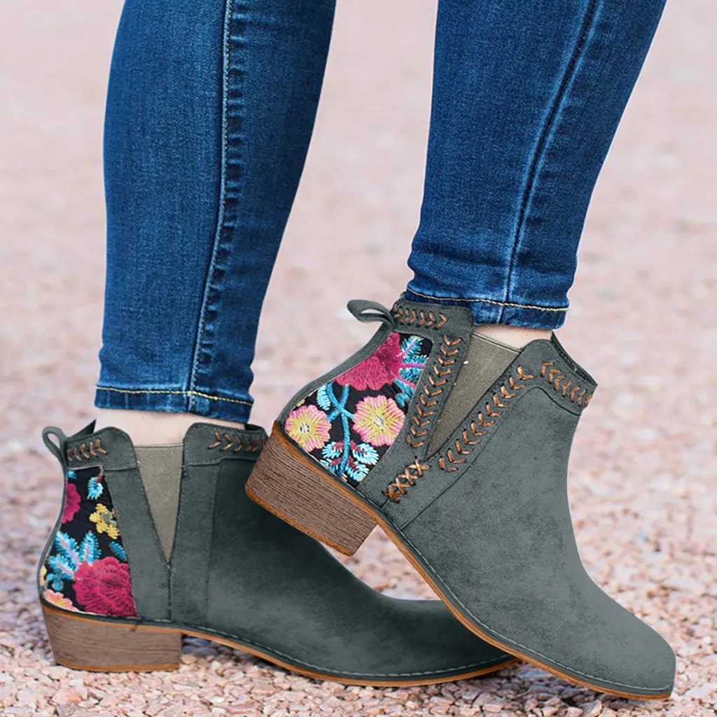 Shoes Women Autumn Winter Boots Women Casual Booties Rome Large Size Embroider Flower Square Heels Short Boots Shoes