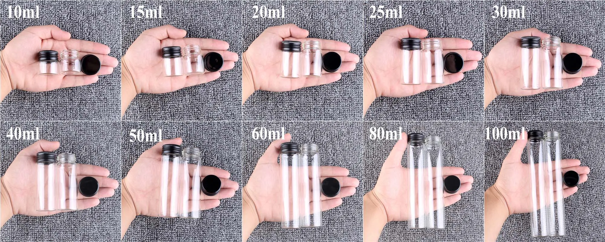 Assorted Glass Bottles with Black Aluminum Caps - Set of 12 Essential Potion and Spice Jars
