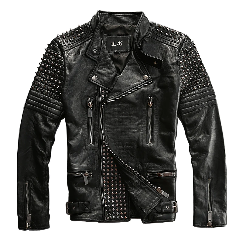 Seveyfan Punk Rivet Genuine Leather Jacket Men Black Slim Motorcycle Biker Real Cowhide Leather Jacket for Male 2020 R3408 Seveyfan Punk Rivet Genuine Leather Jacket Men Black Slim Motorcycle Biker Real Cowhide Leather Jacket for Male 2020 R3408