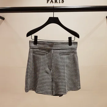 

19 Lady Classic Thousand Birds Check Pattern Middle Waist Straight Cylinder Temperament Commute Suit Shorts 93193