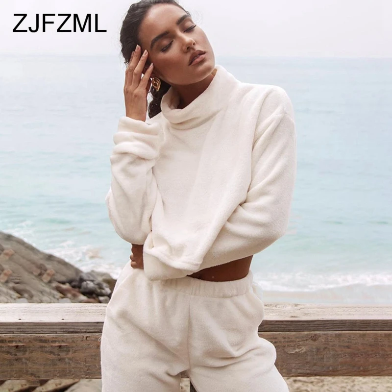 

Plush Solid Fall Winter 2 Piece Outfits for Women Turtleneck Long Sleeve Crop T Shirts and Pencil Pants Causal Matching Sets