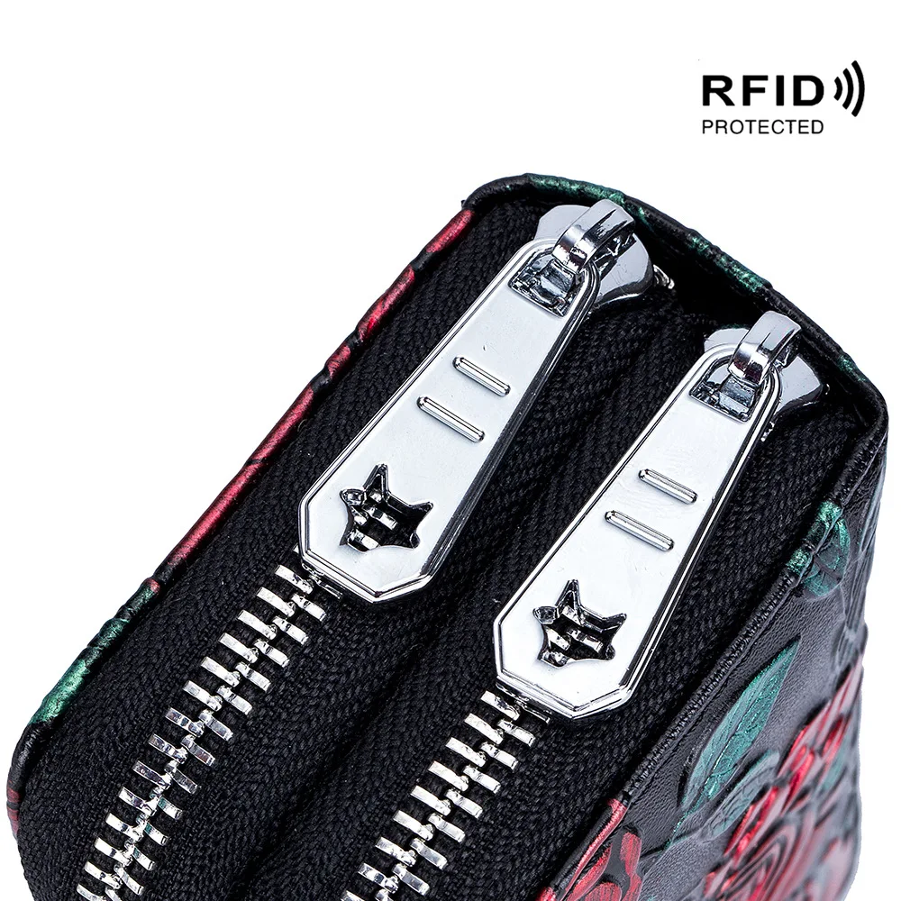 RFID Blocking Women Card Holder Split Leather Double Zipper Card Case