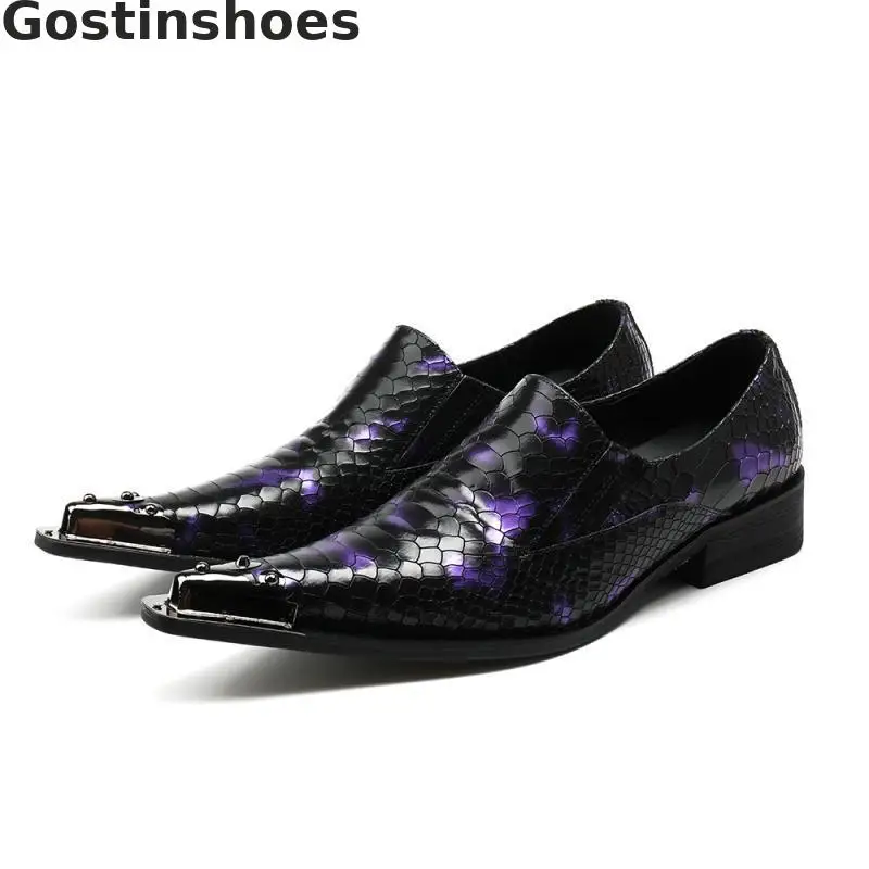 

Men Loafers Black Purple Mixed Color Genuine Leather Shoes Snakeskin Printed Metal Capped Toe Slip-on Casual Leather Shoes Man