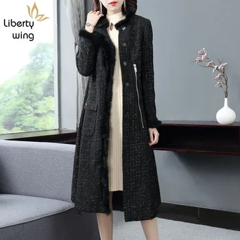 

England Style Women Tassel Long Sleeve Tweed Elegant Luxury Straight Slim Fit Covered Button Overcoat Black Trench Coat