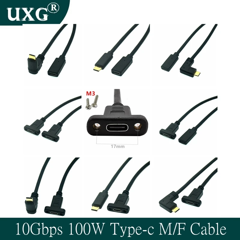 Usb-c Usb 3.1 tipo c 90 Graus Ângulo Direito Macho ao Cabo de Dados Fêmea da Extensão com Furo do Parafuso da Montagem do Painel 10gbps 100w 5a pd 4k