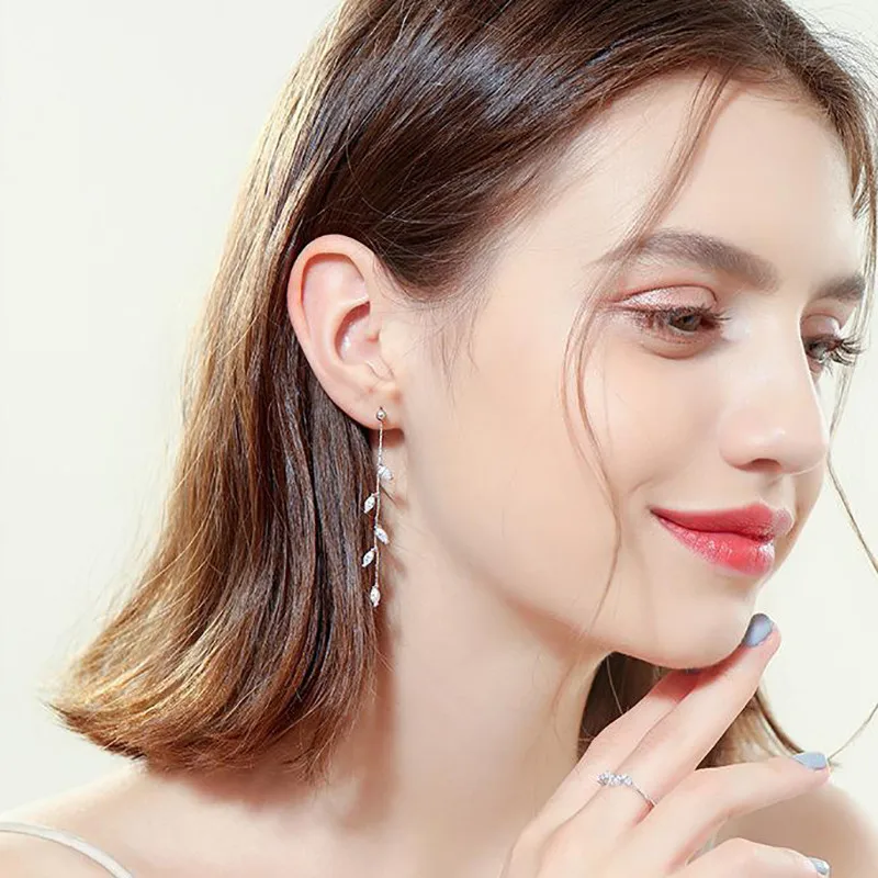 Women long silver plated crystal leaf tassel drop earrings for wedding fashion