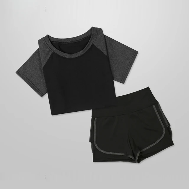 Black 2Pcs Set Женский набор для йоги фитнес одежда футболка 2 в 1 легинсы для бега для пробежки тренировки Леггинсы для йоги спортивные костюмы плюс спортивная одежда - Цвет: Black 2Pcs Set