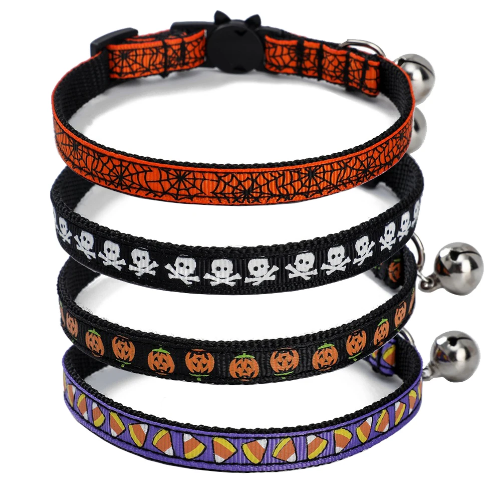 

Halloween Cat Collar with Bells Breakaway Adjustable Pumpkin, Skull, Ghost Patterns Safety Kitten Collar for Kitty Pets Puppy