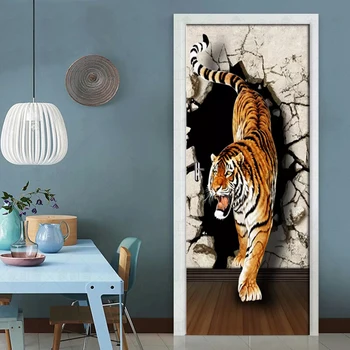 

DIY PVC Waterproof Self-adhesive Detachable Door Stickers Tigers Down Mountain 3D Wall Wallpaper Living Room Door Decor Mural