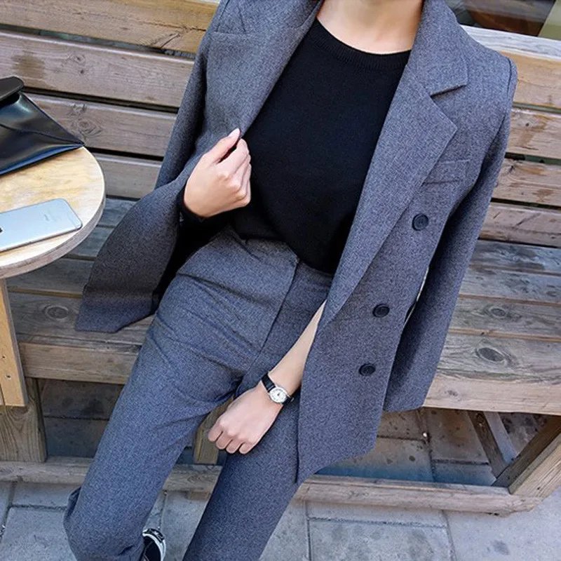 

Fashion Autumn Slim Trousers Two Pieces Grey Double Breast Button Long Pant Jacket Office Lady Long Sleeves Lady Suit