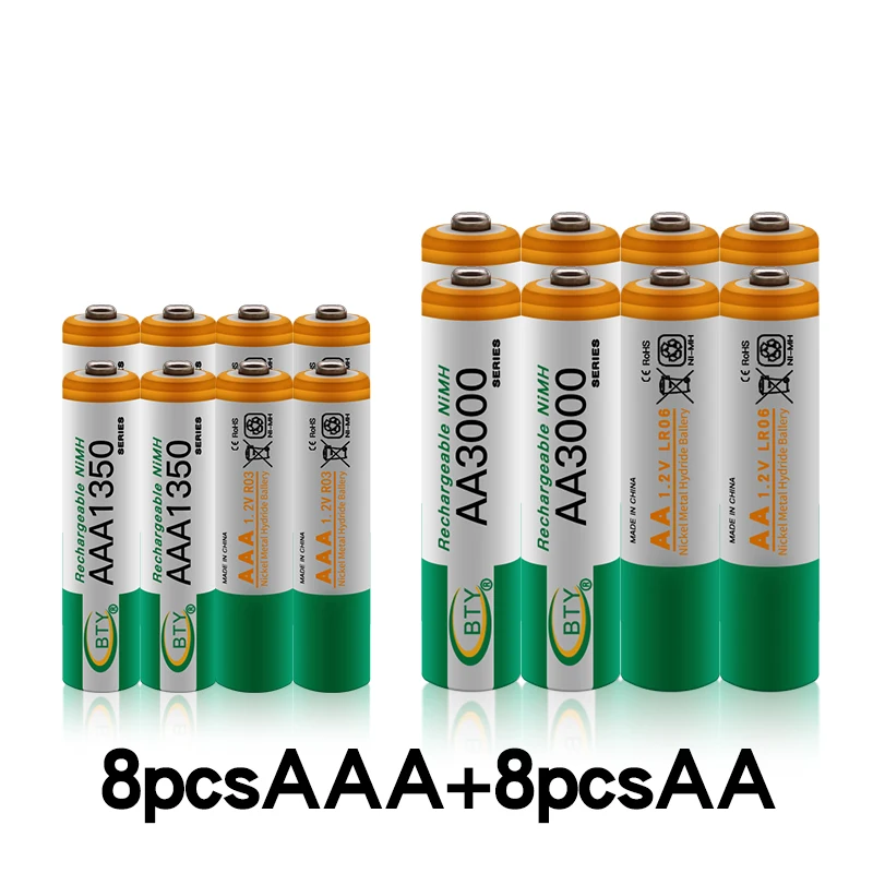 8~ 40 шт новая батарея AAA 1350 mAh aaa перезаряжаемая батарея NI-MH 1,2 V AA 1,2 V 3000mAh NI MH пальчиковые батарейки
