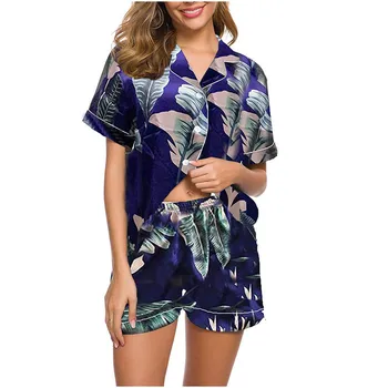 

Spring plus size pajamas women ice silk sleepwear set long-sleeved cardigan suit Korean version can wear home service women