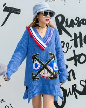 SexeMara, Модный Свободный вязаный свитер с v-образным вырезом, расшитый бисером и блестками - Цвет: Синий