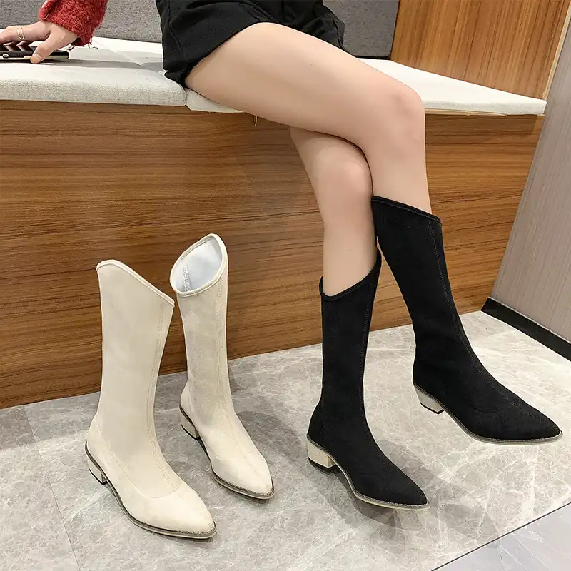 Botas de diseñador de lujo para mujer, zapatos de punta redonda,  puntiagudos, a la moda, tacón alto de media pantorrilla, tela de goma,  color blanco, 2021|Botas a media pantorrilla| - AliExpress