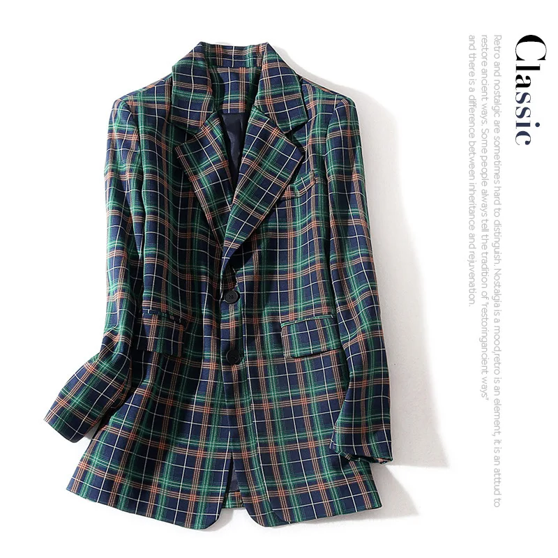 

Fall 2019 New Suit Collar Collision Checker Long Sleeve Open and Forked Loose Mid-long Suit Top Ladies