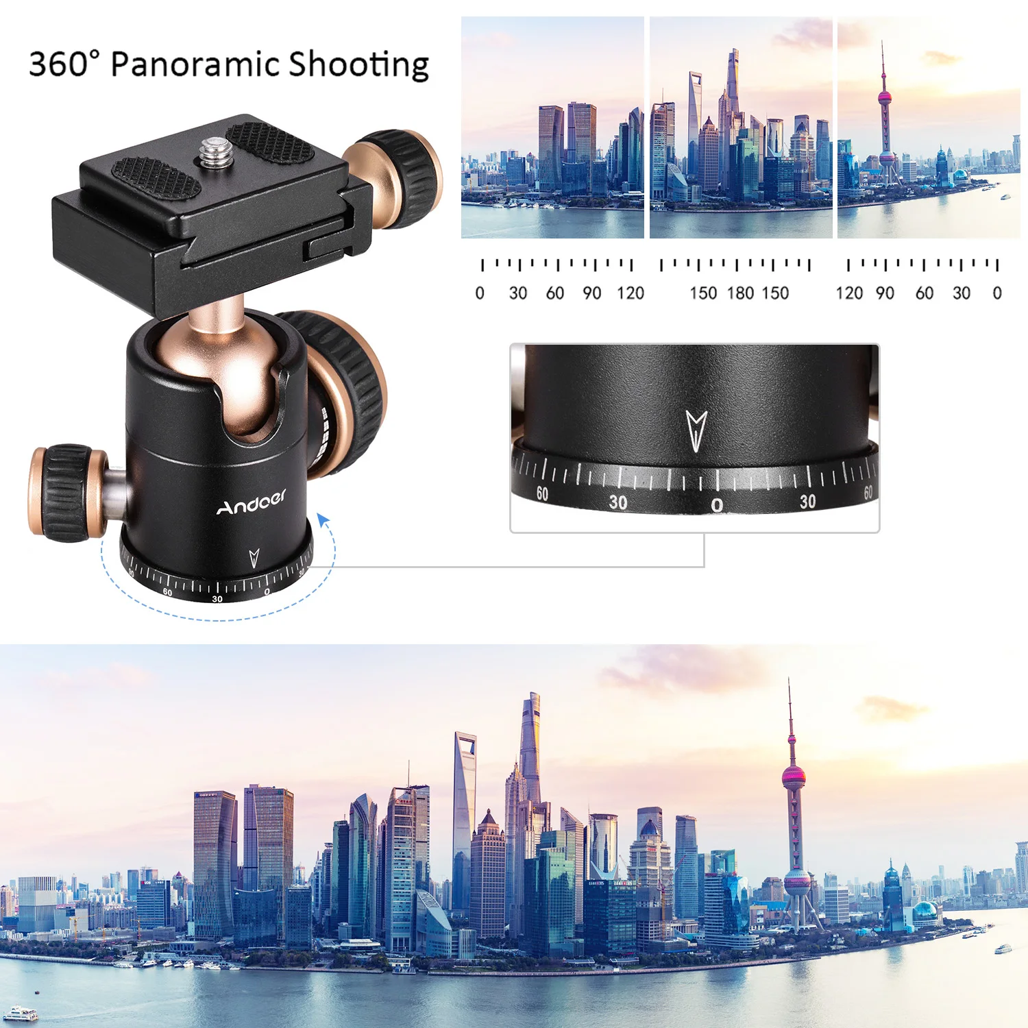 Tripod Ball Head Andoer Q30 CNC Panorama Tripod Ball Head 360 Degree Rotation 1/4 Inches Screw 3/8 Inches Screw Hole For Smartphone Camera