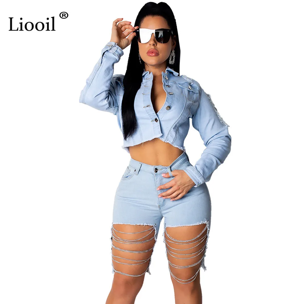 Liooil/комплект из двух предметов из джинсовой ткани; женские Клубные комплекты с цепочкой; сезон осень-зима; пикантные короткие пальто с длинными рукавами и пуговицами и открытой спиной+ шорты; большие размеры