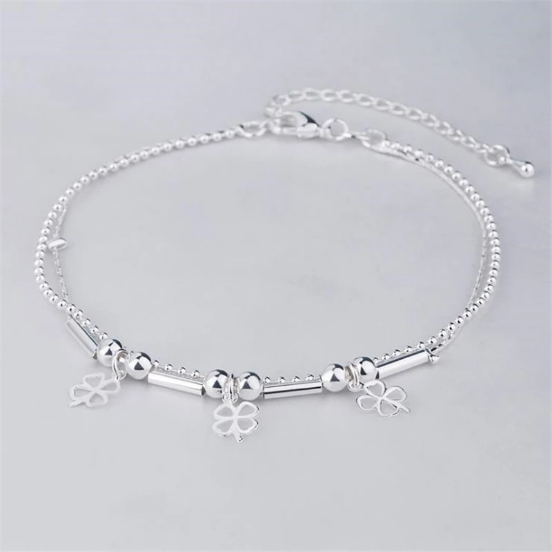 KOFSAC New Four Clover Bracelets Girl Barefoot Sandal Beach Foot Jewelry 925 Sterling Silver Anklets For Women Accessories Gifts