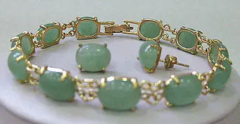 

Natural Green Aventurine bracelet earrings set Plated gold Bridal wide watch wings queen JEWE