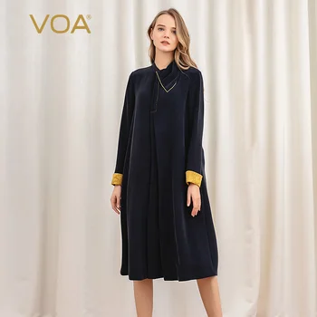

VOA Navy Blue 40mm Silk Heavy Irregular Double Collar Gold Arch Stitch Long Sleeve Bead Dress A10552