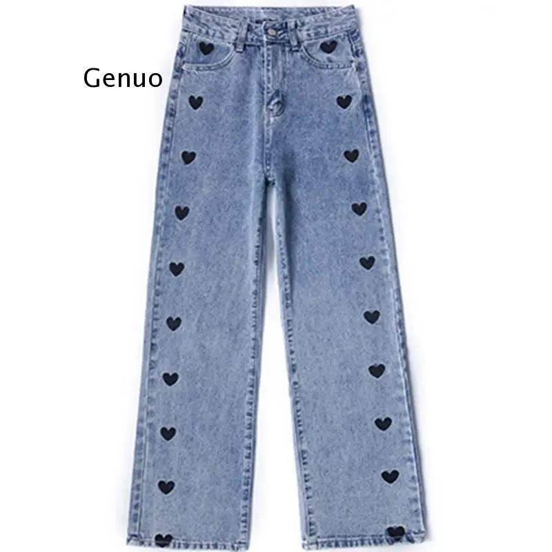 

Women Jeans 2021 Spring Heart Embroidery Streetwear High Waist Wide Leg Long Pants Vintage Casual Baggy Straight Denim Trouser