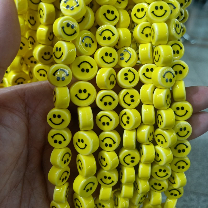 50pcs 노란색 웃는 얼굴 도자기 구슬 8mm 10mm 12mm 느슨한 스페이서 DIY 세라믹 구슬 보석 팔찌 목걸이 만들기위한