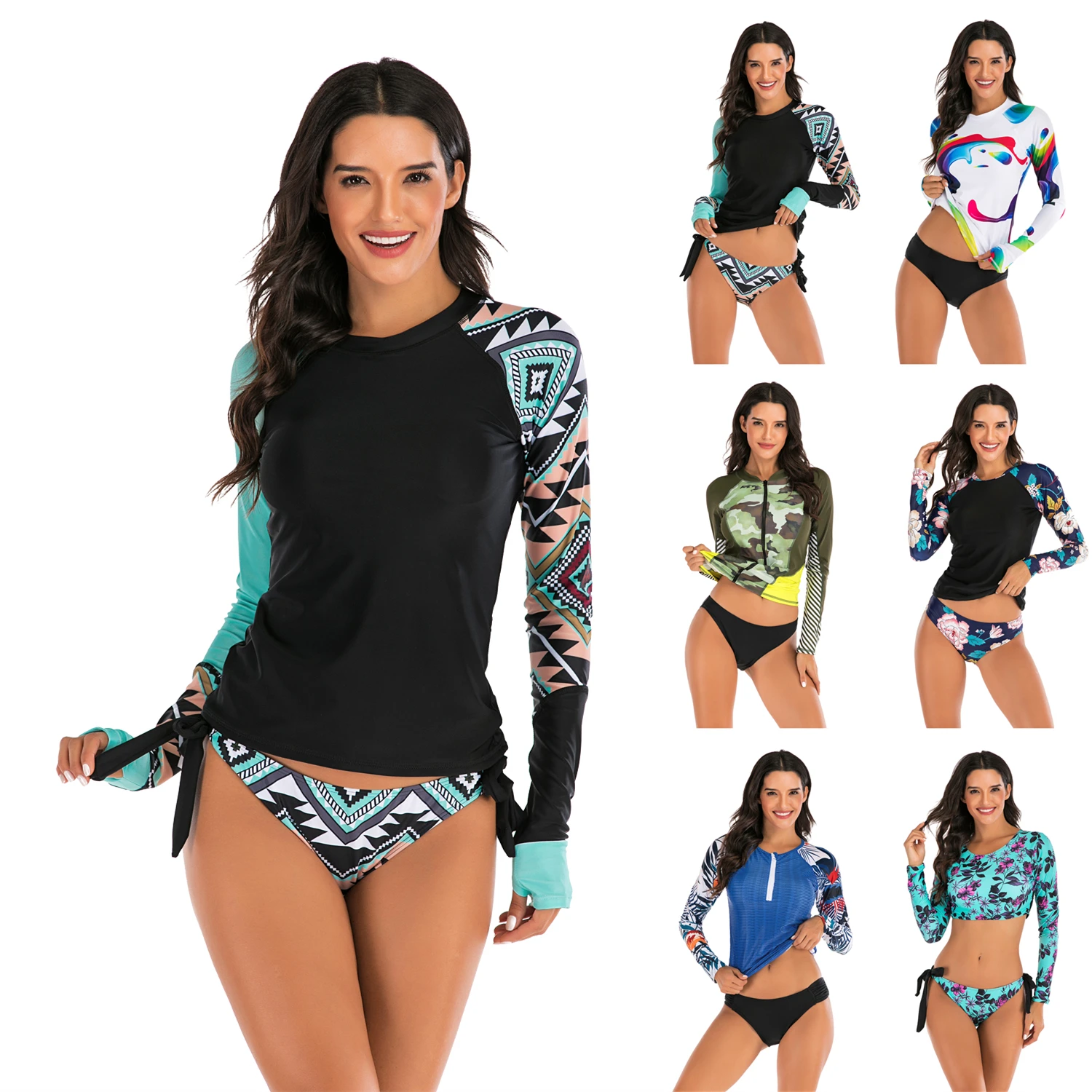 Swimsuit Surf-Shirt Rash-Guard Sun-Protection Swimweartwo-Pieces Long-Sleeve Women Print
