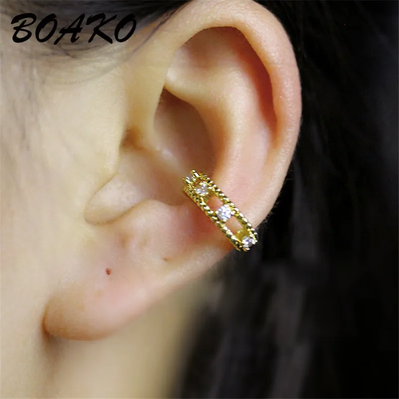 

BOAKO Vintage Clip on Earring Crystal Ear Cuff Non Pierced Earrings for Women Clear CZ Zirconia Ear Wrap Earcuff Brincos Jewelry