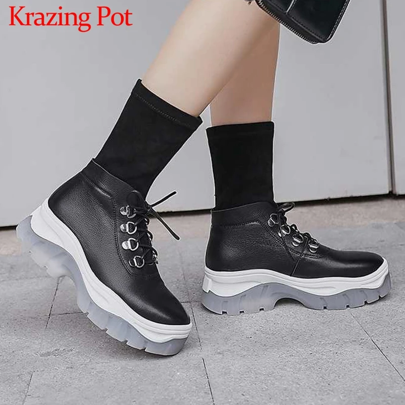 

Krazing Pot hot European style cow leather flock socks boots round toe high heels thick bottom rivets lace up mid-calf boots L55