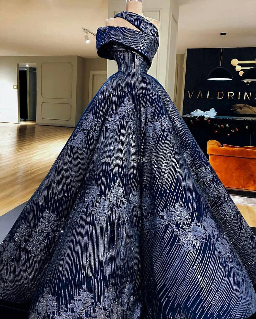 

Dark Navy Ball Gown One Shoulder Long Evening Dress Satin Sequins Floor-Length Women Dress Prom Celebrity Dress Formal Dubai